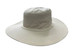 A white canvas hat with a wide brim and a structured crown, featuring a logo.