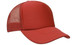 A red truckers mesh cap featuring a solid front and mesh sides, with a curved brim. It has a logo on the front.