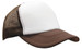 A trucker mesh cap with a white front and brown visor and mesh backing. Features a branded logo.