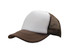 A brown and white trucker mesh cap with a solid front panel and mesh back. It features a curved brim. A brown and white trucker mesh cap with a solid front panel and mesh back. It features a curved brim.