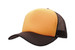 A truckers mesh cap featuring an orange front and a black mesh back. It has a curved brim and a logo. A truckers mesh cap featuring an orange front and a black mesh back. It has a curved brim and a logo.