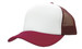 A red and white truckers mesh cap with a solid front panel and mesh back. It features a curved brim.