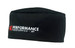 A black poly cotton chef's hat with a logo on the front, designed for culinary uniforms.