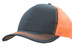 A breathable poly twill cap featuring a black front and orange mesh back with contrasting stitching. It has a logo. A breathable poly twill cap featuring a black front and orange mesh back with contrasting stitching. It has a logo.