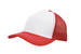 A red and white breathable poly twill cap with a mesh back and a curved peak, featuring a logo. A red and white breathable poly twill cap with a mesh back and a curved peak, featuring a logo.