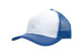 A white cap with a blue brim and mesh back, featuring a logo on the side. A white cap with a blue brim and mesh back, featuring a logo on the side.