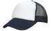 A kids' trucker cap featuring a white front panel and a navy mesh back. The cap has a curved brim and a branding logo.
