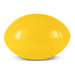 A bright yellow stress rugby ball with a smooth surface and an oval shape, featuring a branding logo.