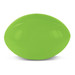 A bright green stress rugby ball with a smooth surface and a classic oval shape. It has a logo on one side.