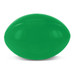 A green stress rugby ball with a smooth surface and a simple design. It features a logo.
