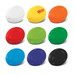 A selection of stress rugby balls in white, yellow, orange, red, green, blue, black, and purple with a logo.