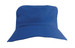 A blue breathable poly twill child's bucket hat with a wide brim and eyelets, featuring a logo. A blue breathable poly twill child's bucket hat with a wide brim and eyelets, featuring a logo.