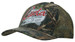 A camouflage cap in shades of green and brown with a mesh back and a logo on the front. A camouflage cap in shades of green and brown with a mesh back and a logo on the front.