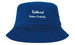 A blue bucket hat with a stitched logo. The hat features a wide brim and has a medium depth.