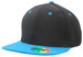 A black cap with a blue peak and accent, featuring a logo on the underside of the peak.