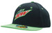A black cap with a green brim and a logo, featuring a snapback design and a youth size fit.