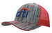 A cap featuring a wood-print design in grey and red with a mesh back and a branded logo on the front.