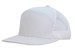 A white A-frame cap with a mesh back, featuring a solid front panel and a flat brim. A white A-frame cap with a mesh back, featuring a solid front panel and a flat brim.