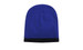 A blue acrylic beanie with a black roll-down cuff and a logo.