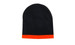 A two-tone acrylic beanie in black with an orange rolled hem. It features a branding logo. A two-tone acrylic beanie in black with an orange rolled hem. It features a branding logo.