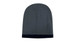 A two-tone acrylic beanie featuring a dark grey main body and a black rolled hem, with a logo present. A two-tone acrylic beanie featuring a dark grey main body and a black rolled hem, with a logo present.