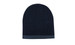 A two-tone acrylic beanie in dark navy with a lighter navy cuff, featuring a logo. A two-tone acrylic beanie in dark navy with a lighter navy cuff, featuring a logo.