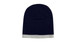 A two-tone acrylic beanie featuring a dark navy upper and a light grey cuff. It has a branding logo on it. A two-tone acrylic beanie featuring a dark navy upper and a light grey cuff. It has a branding logo on it.