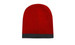 A red beanie with a grey rolled-down band and a logo. A red beanie with a grey rolled-down band and a logo.