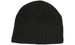A black cable knit beanie with ribbed texture and a simple design. It features a logo on the side.