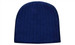 A cable knit beanie in dark blue with a ribbed texture and a small logo.