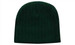 A dark green cable knit beanie with a ribbed texture, featuring a logo on the side.