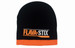 A black cable knit beanie with an orange band at the base and a logo on the front.