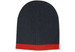 A two-tone cable knit beanie featuring a dark grey body and a bright red band at the bottom. It includes a logo. A two-tone cable knit beanie featuring a dark grey body and a bright red band at the bottom. It includes a logo.