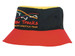 A multicoloured bucket hat featuring black, red, and yellow panels, with an embroidered logo. A multicoloured bucket hat featuring black, red, and yellow panels, with an embroidered logo.