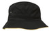 A black bucket hat with a yellow trim and a logo. Ideal for casual headwear.