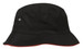 A black brushed sports twill bucket hat with a red trim and a small logo on the side.
