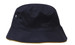 A navy brushed sports twill bucket hat with a contrasting yellow trim and a decorative logo. A navy brushed sports twill bucket hat with a contrasting yellow trim and a decorative logo.