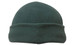 A dark green micro fleece beanie with a folded cuff and a simple design. It features a branding logo.