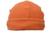 An orange micro fleece beanie with a folded brim, featuring a logo on the side.