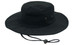 A black brushed heavy cotton hat with a wide brim and adjustable chin strap, featuring metal eyelets.