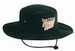 A black brushed heavy cotton hat with a wide brim and a chin strap, featuring a logo on the front.