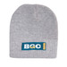 A grey rolled down acrylic beanie featuring a logo patch. A grey rolled down acrylic beanie featuring a logo patch.