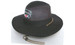 A black cotton twill and mesh hat with a decorative logo and adjustable chin strap.