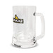 A Munich Beer Mug made of clear glass, featuring a sturdy handle and a logo branded on the front.