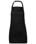 A black apron with a neck strap and adjustable buckle, featuring a logo. A black apron with a neck strap and adjustable buckle, featuring a logo.