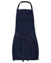 A navy blue workwear apron featuring a central pocket and waist ties, with an adjustable neck strap and a logo. A navy blue workwear apron featuring a central pocket and waist ties, with an adjustable neck strap and a logo.