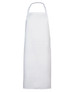 A white apron with a halter neck design and adjustable straps, featuring a logo. A white apron with a halter neck design and adjustable straps, featuring a logo.