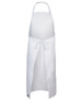 A white apron featuring a tie at the waist and a split front design. It includes a logo. A white apron featuring a tie at the waist and a split front design. It includes a logo.