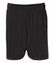 Black sports shorts featuring a breathable mesh design and an elastic waistband. Includes a branding logo. Black sports shorts featuring a breathable mesh design and an elastic waistband. Includes a branding logo.