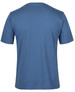 A plain blue T-shirt with a crew neckline and short sleeves, featuring a logo on the back. A plain blue T-shirt with a crew neckline and short sleeves, featuring a logo on the back.